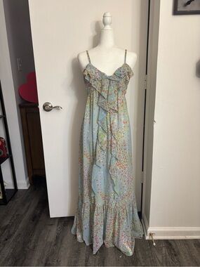 Light Blue with Print Ruffle Maxi Dress with Spaghetti Straps